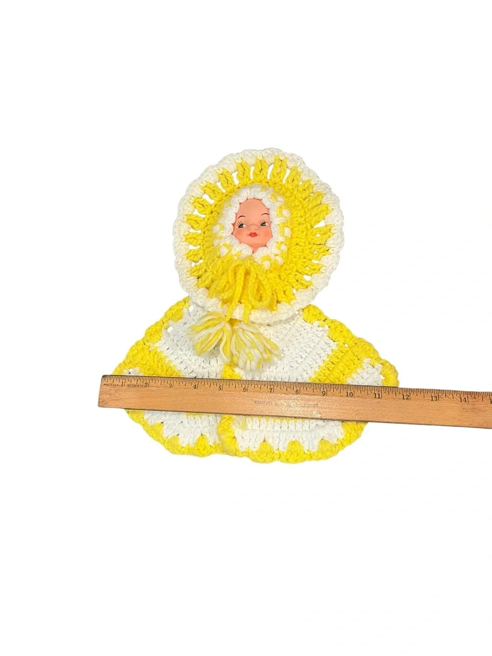 Vintage Handmade Crochet Knit Doll Face Pot Holders Yellow White Kitchen Decor